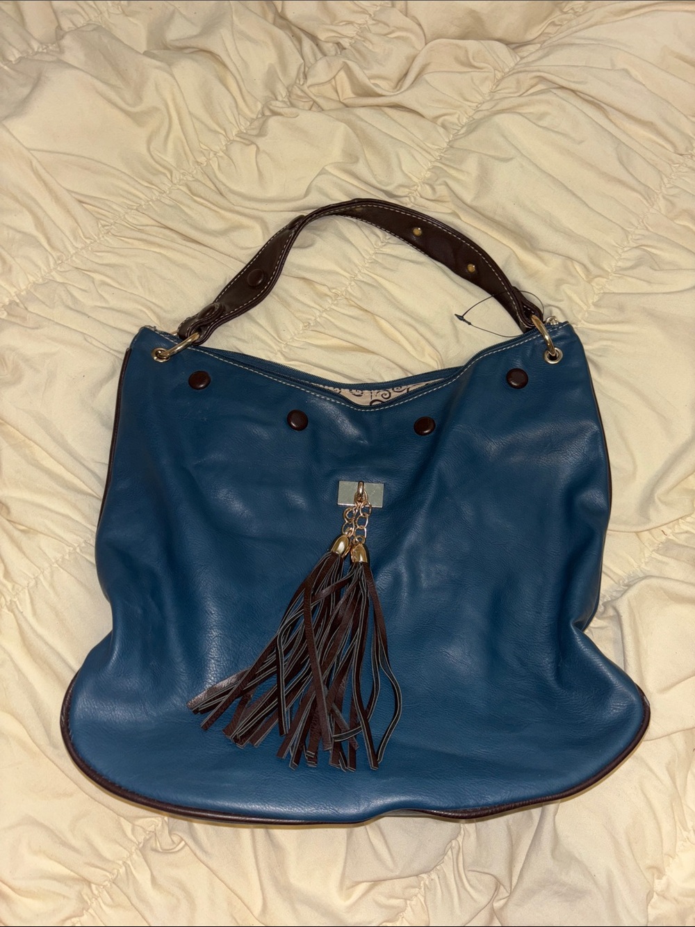 Blue Leather-Effect Shoulder Bag with Tassel Accent